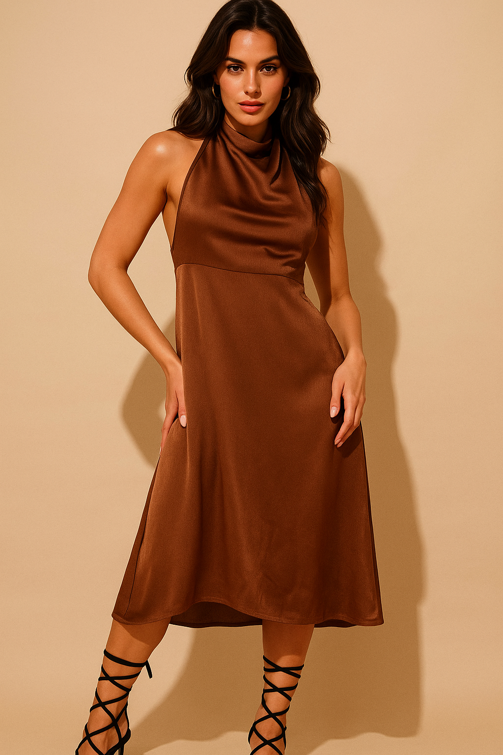 Brown Satin Sheen Backless A-Line Dress with Stylish Neck Tie-Ups