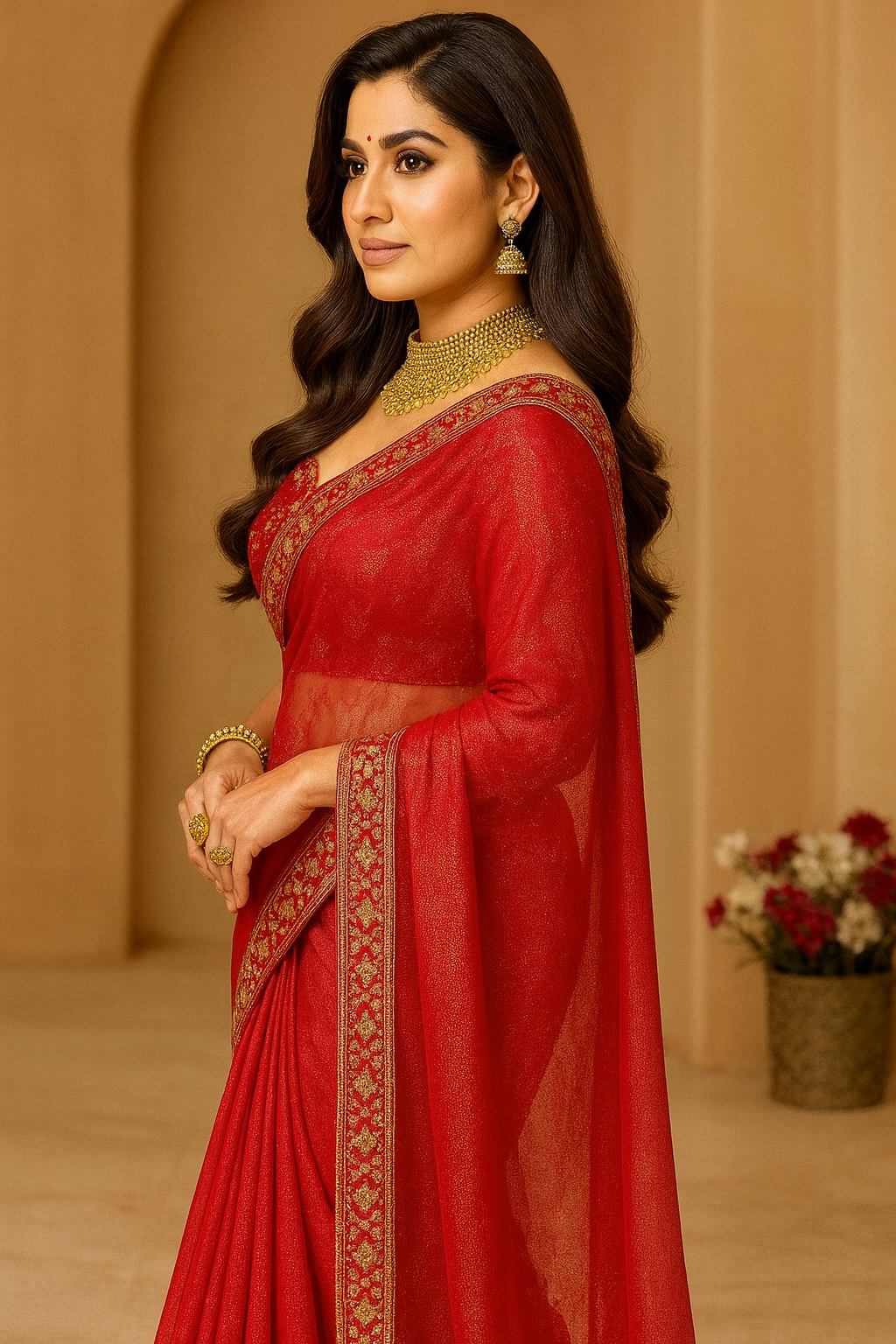Premium & Festive Luxurious Red Silk Blend Saree Adorned with Golden Embroidery and Sequins