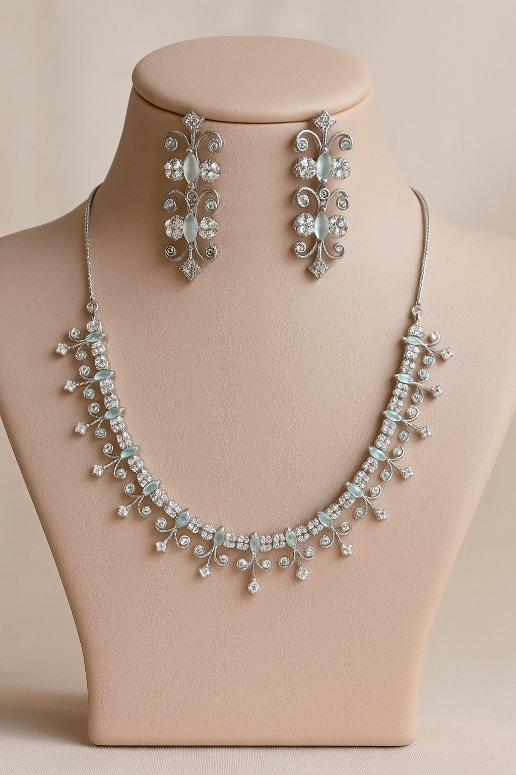 Sea Green American Diamond Necklace & Earrings Set for Women – Silver Brass CZ Jewellery