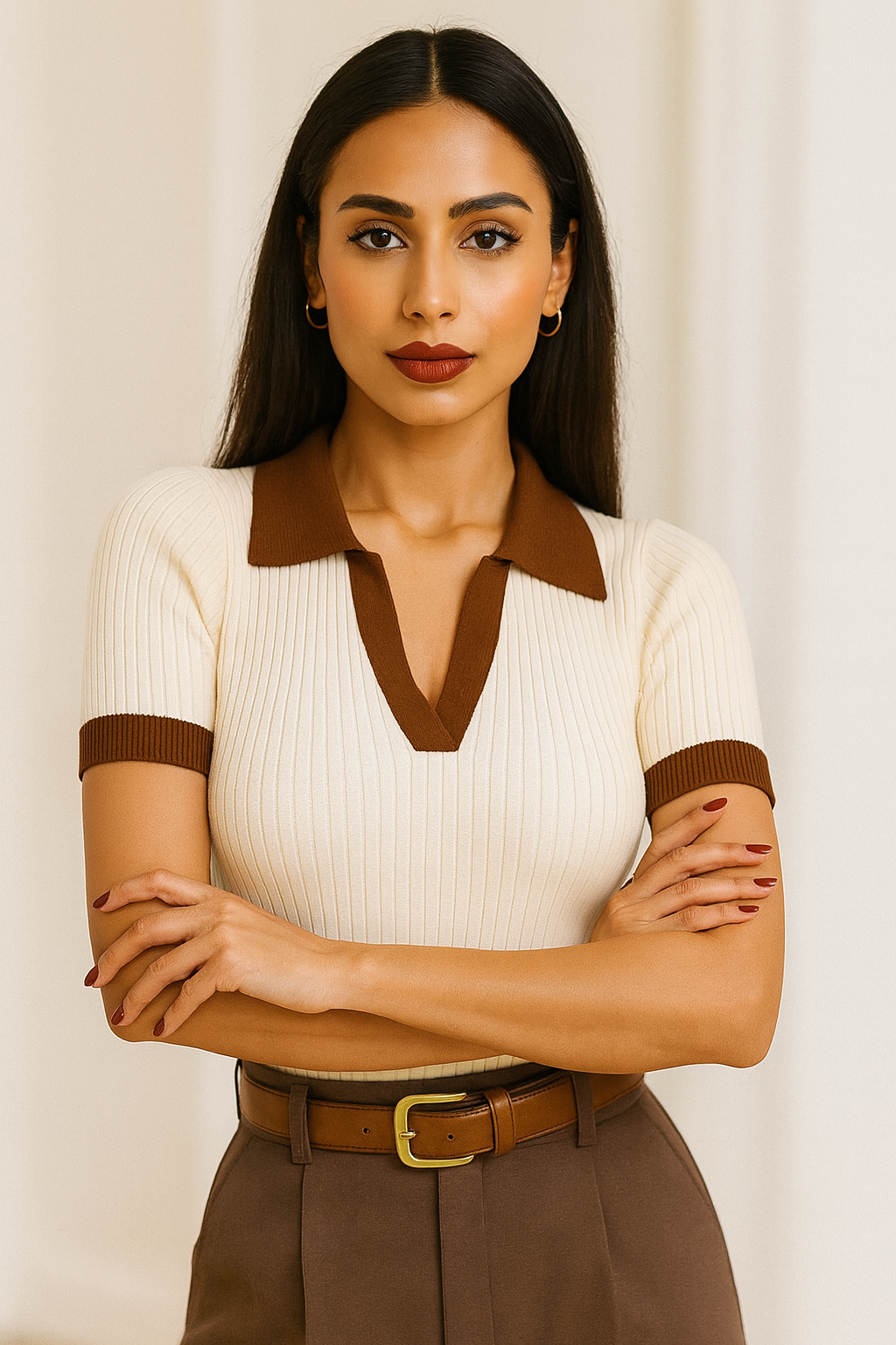 White Cotton Blend Top with Brown Ribbed Collar