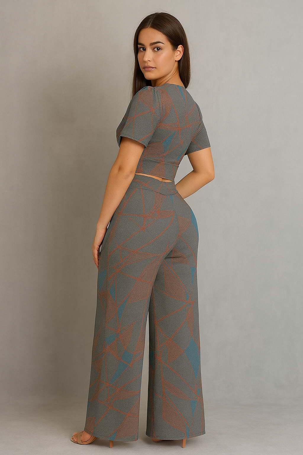 Chic Two-Piece Outfit - Modern Abstract Print Women’s Co-Ord Set | Crop Top & Flared Pants