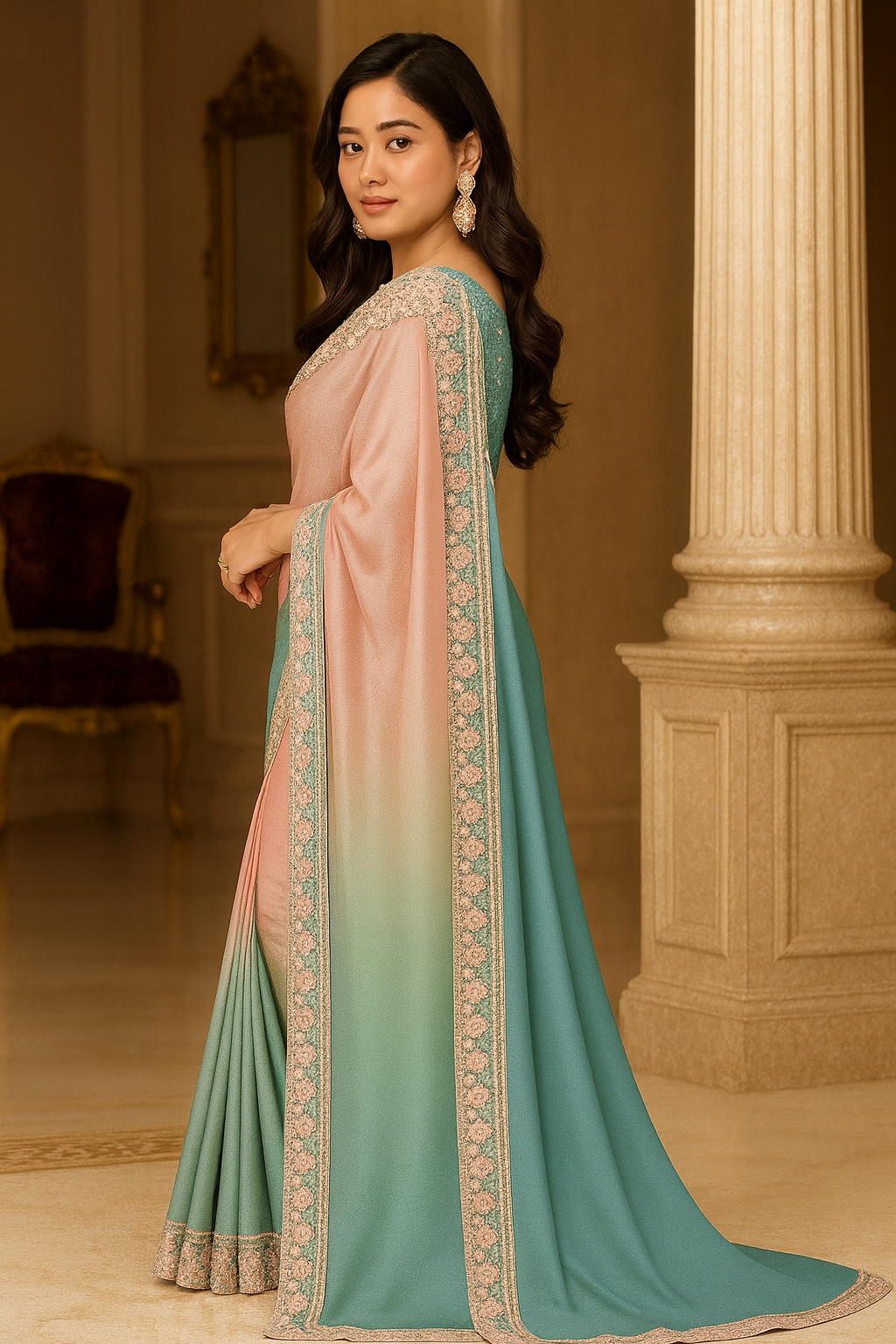 Peach & Teal Ombre Pure Chiffon Saree with Hand-Embellished Sequin Border