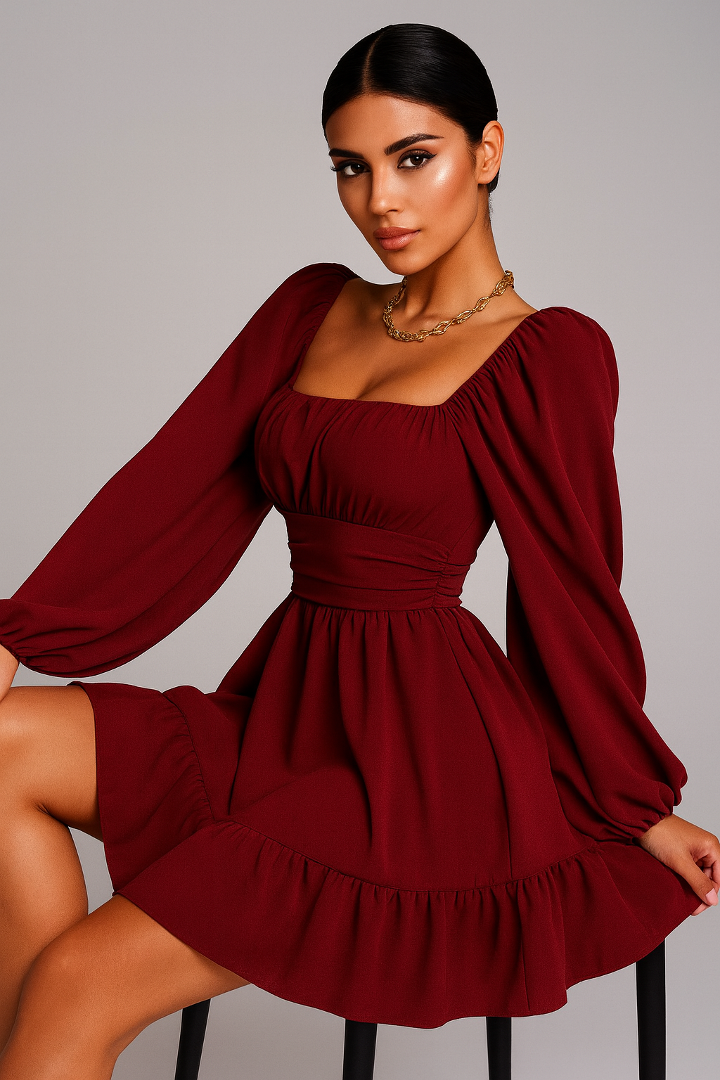 Wine Red Elegance Puff-Sleeve Dress