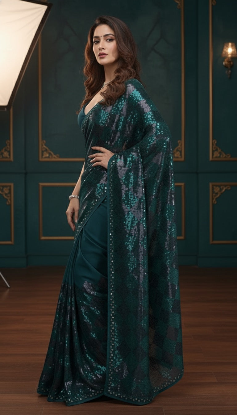 Royal Blue Mirror Work Embellished Poly Georgette Saree