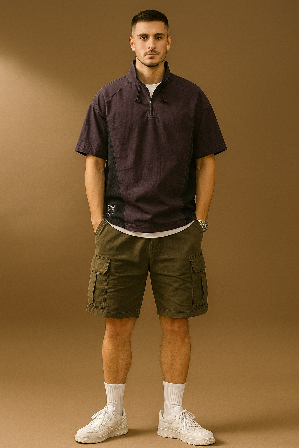 Men’s Purple High-Neck Colourblocked Relaxed Fit T-Shirt