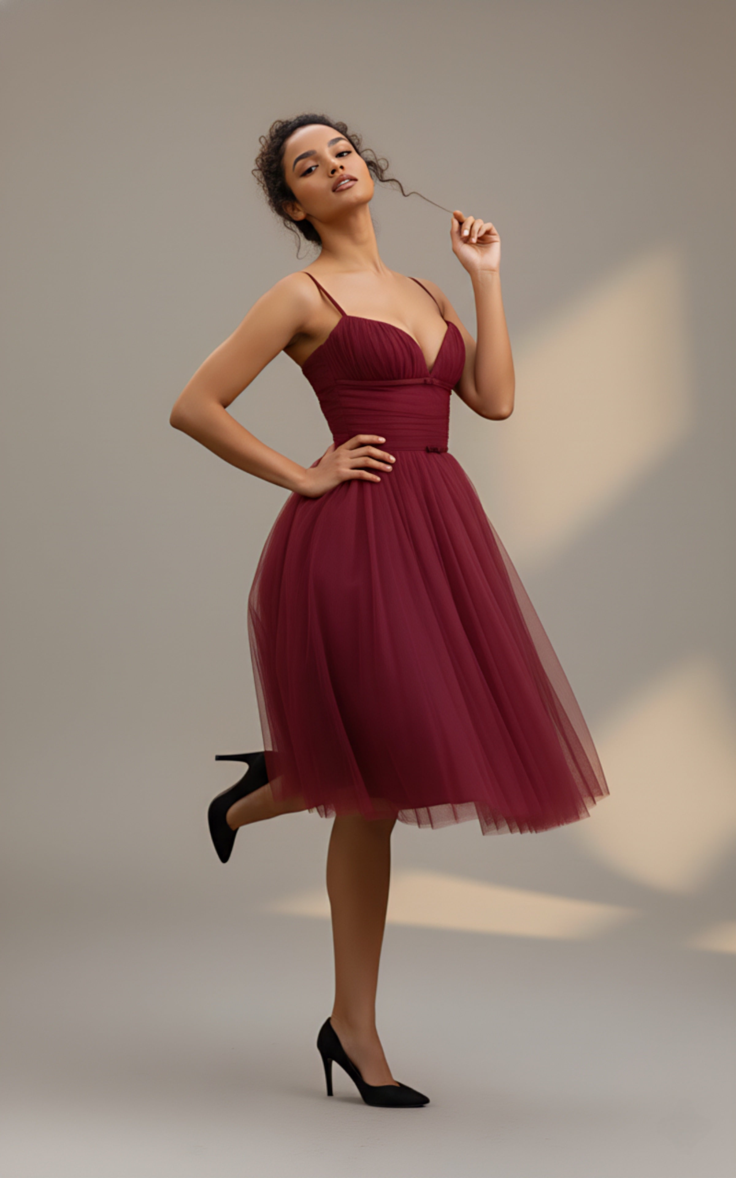 Maroon Sweetheart Neck Fit & Flare Midi Dress