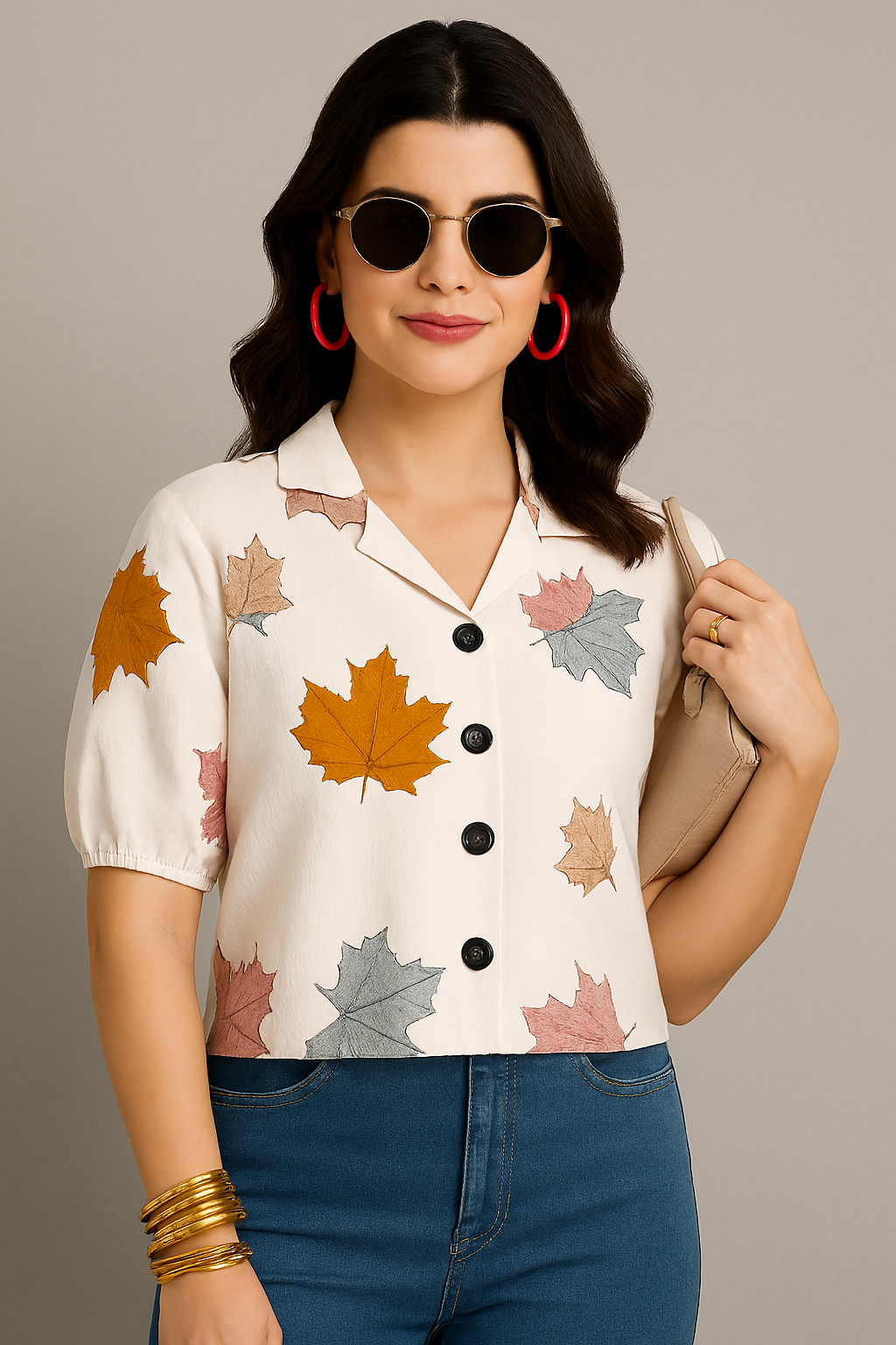 Women’s Casual Leaf Print Shirt Top – Short Sleeves