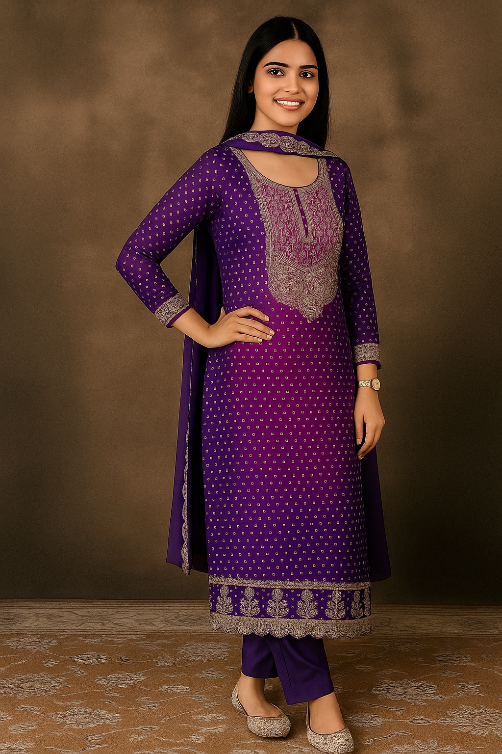 Elegant Purple Silk Blend Bandhani Kurta Set with Zari Embroidery & Dupatta