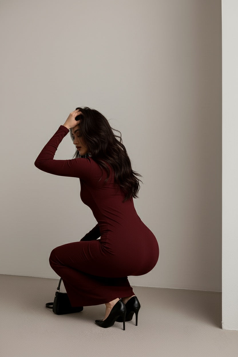 Women’s Wine Red Bodycon Maxi Dress with Ruched Front & Long Sleeves