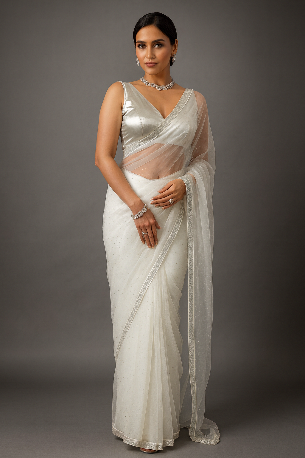 Premium White Net Saree with Silver Bead & Stone Embellished Border