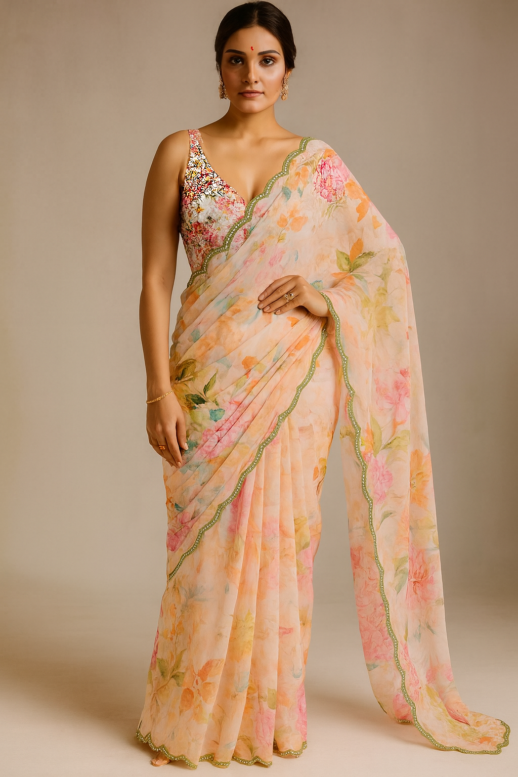 Peach Floral Silk Blend Saree with Embellished Mirror-Work Border