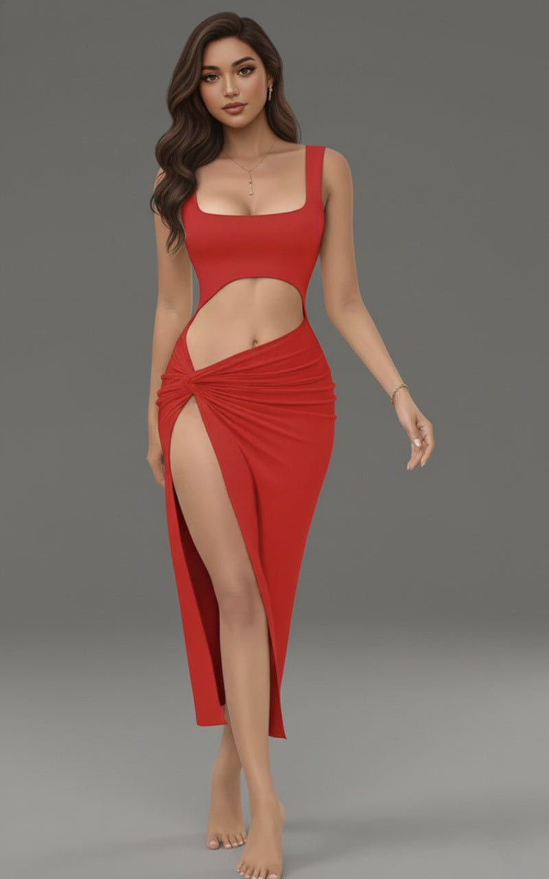 Scarlet Square-Neck Bodycon Midi Dress