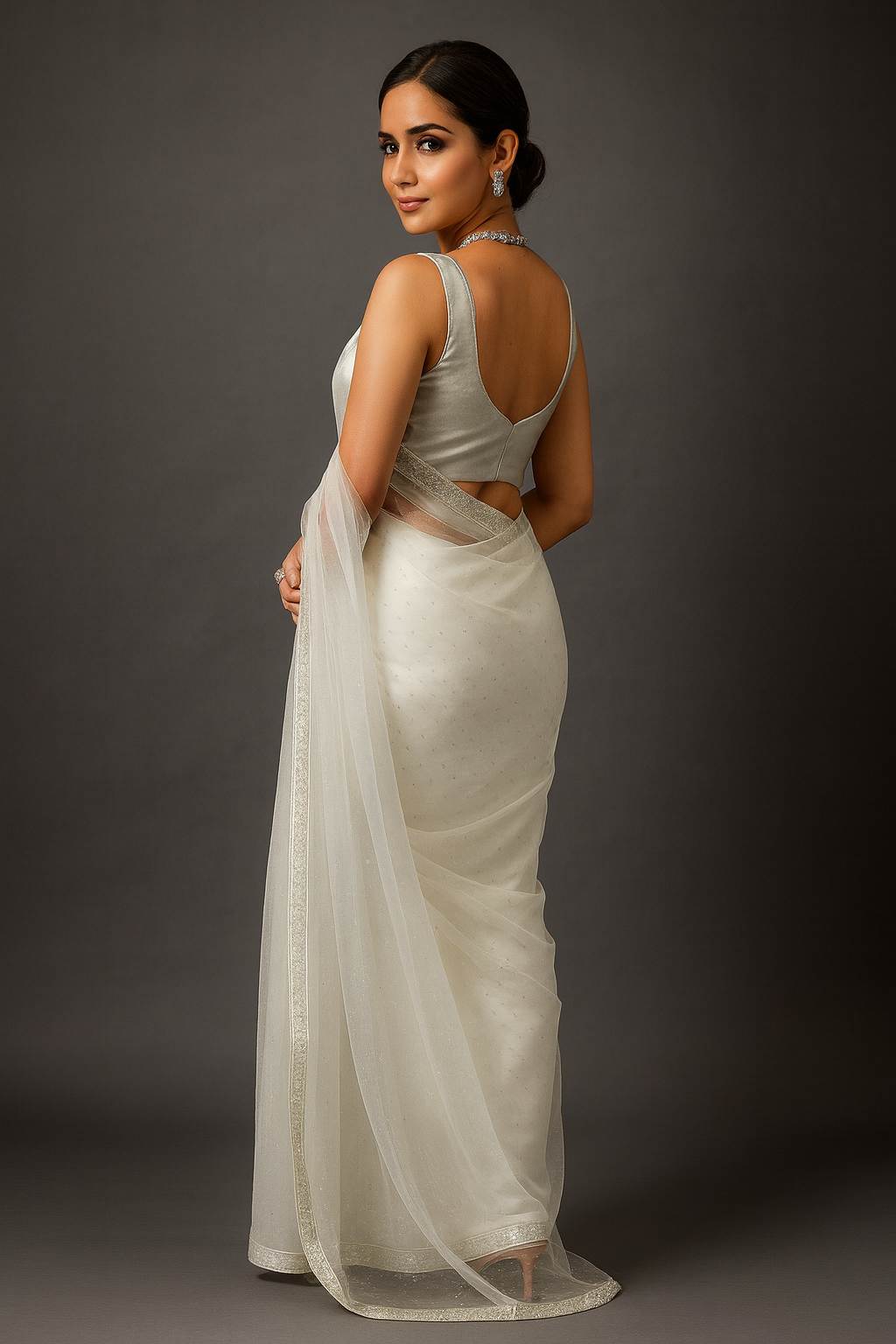 Premium White Net Saree with Silver Bead & Stone Embellished Border