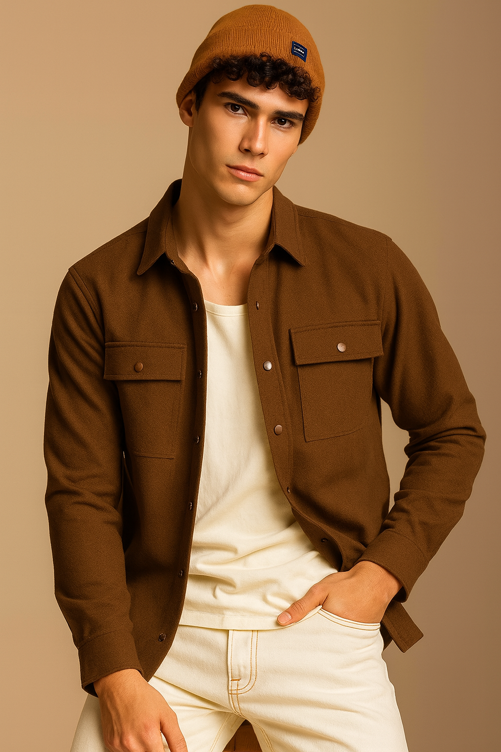 Men’s Brown Boxy Fit Casual Shirt with Flap Pockets