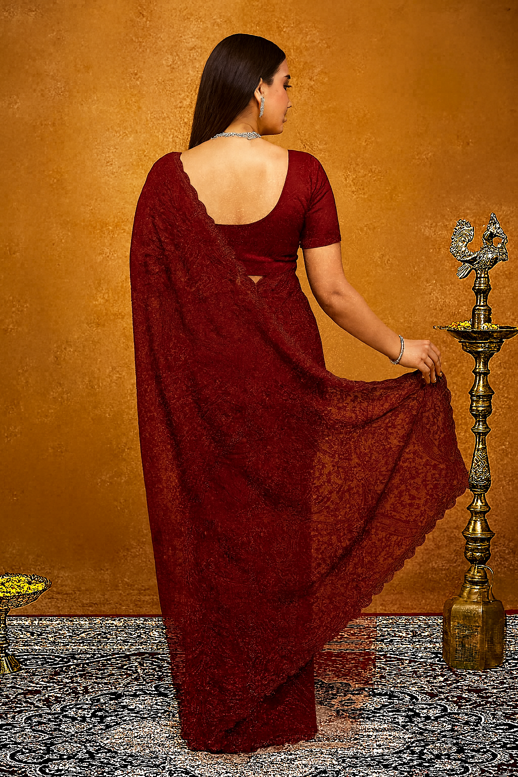 Crimson Red Pure Georgette Saree with Intricate Floral Embroidery & Scalloped Border