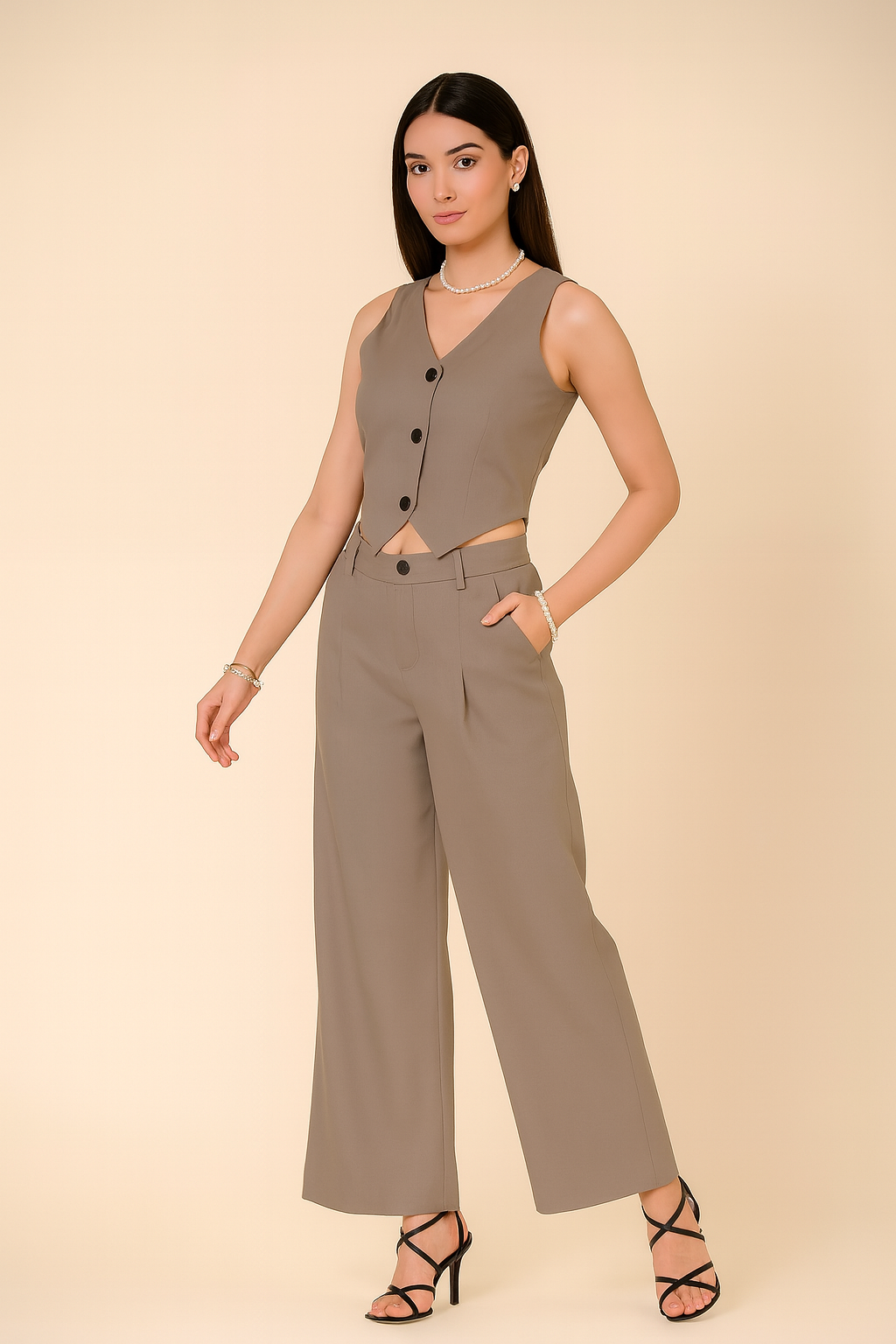Women’s Sleeveless V-Neck Co-Ord Set with Wide-Leg Trousers – Elegant Formal Wear