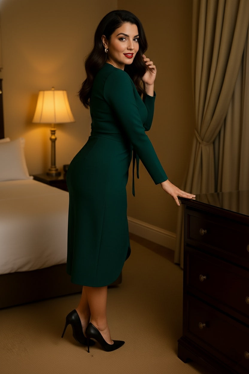 Elegant Green Solid Wrap Midi Dress