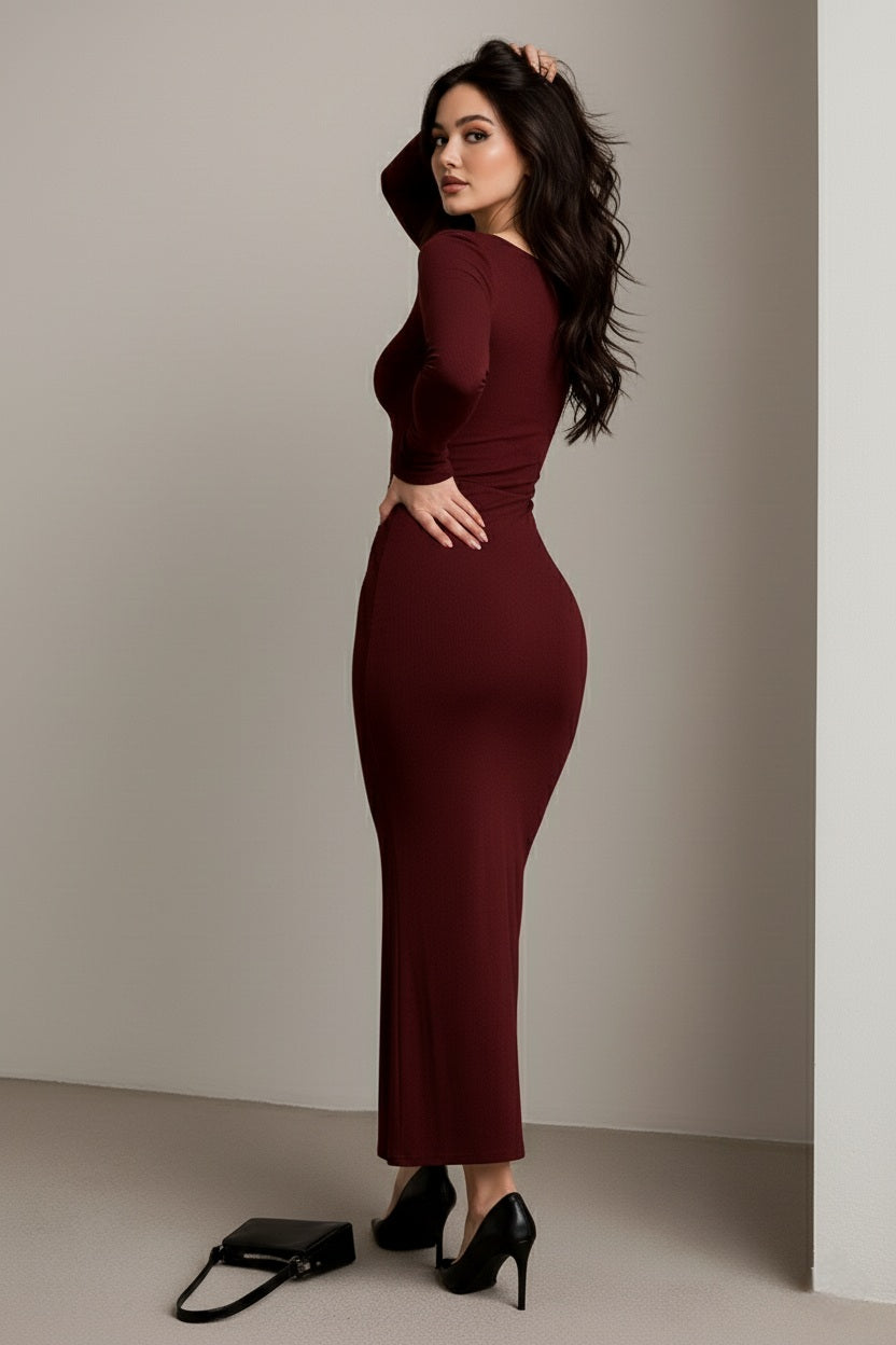 Women’s Wine Red Bodycon Maxi Dress with Ruched Front & Long Sleeves