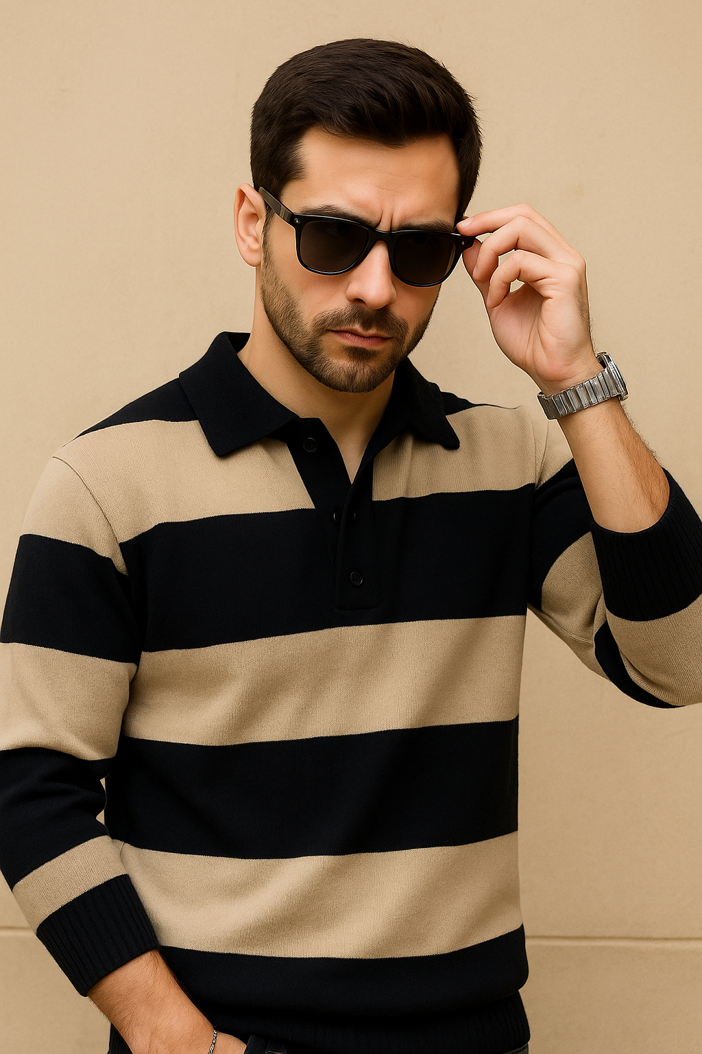 Men’s Regular Fit Beige & Black Striped Polo Sweater | Acrylic Knit Long Sleeve