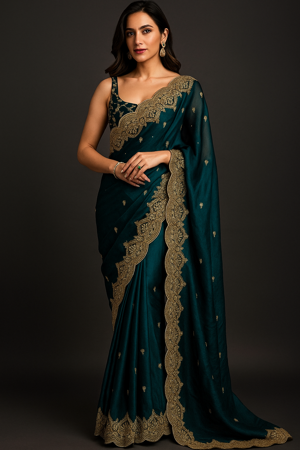 Elegant Green Organza Saree with Embroidered Border & Sequin Detailing | Designer Saree with Unstitched Blouse Piece