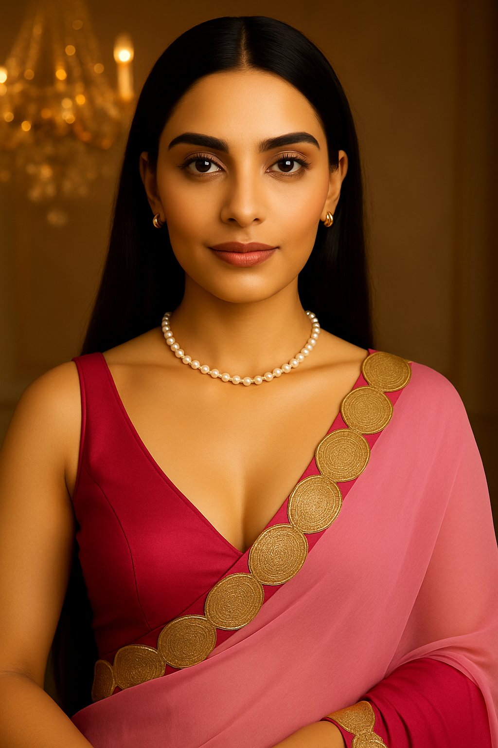 Pink & Rose Pure Chiffon Saree with Golden Embellished Border