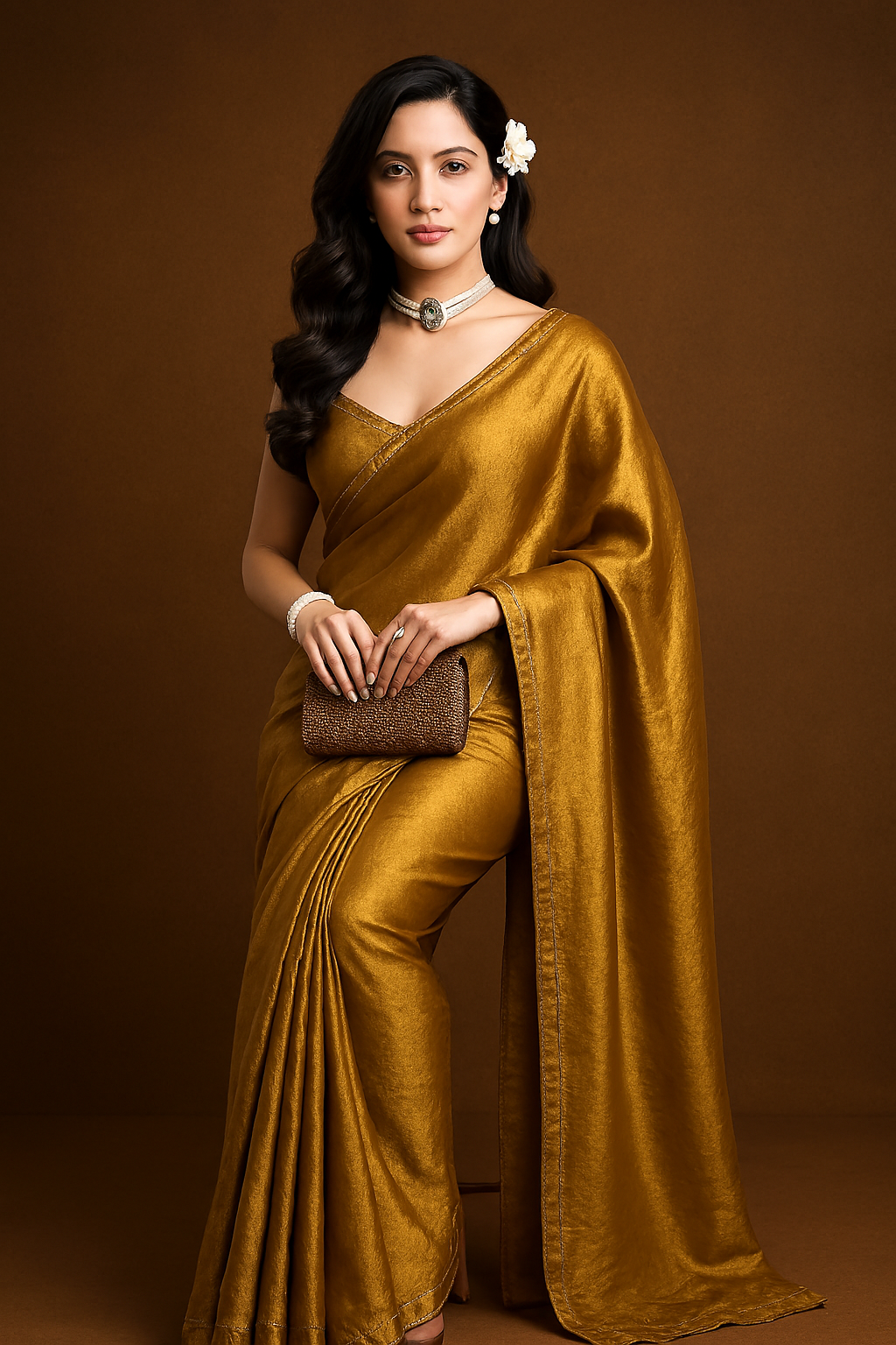 Chiffon Saree – Mustard Yellow Party Wear with Stone Work & Lace Border