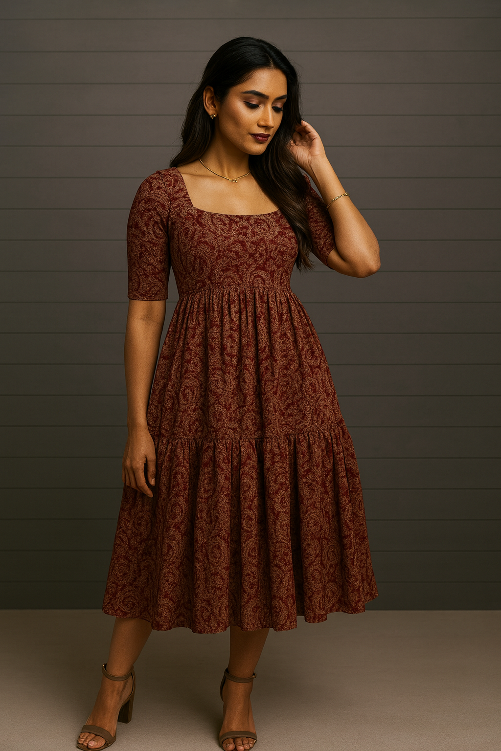 Elegant Maroon Printed Cotton Flared Gown