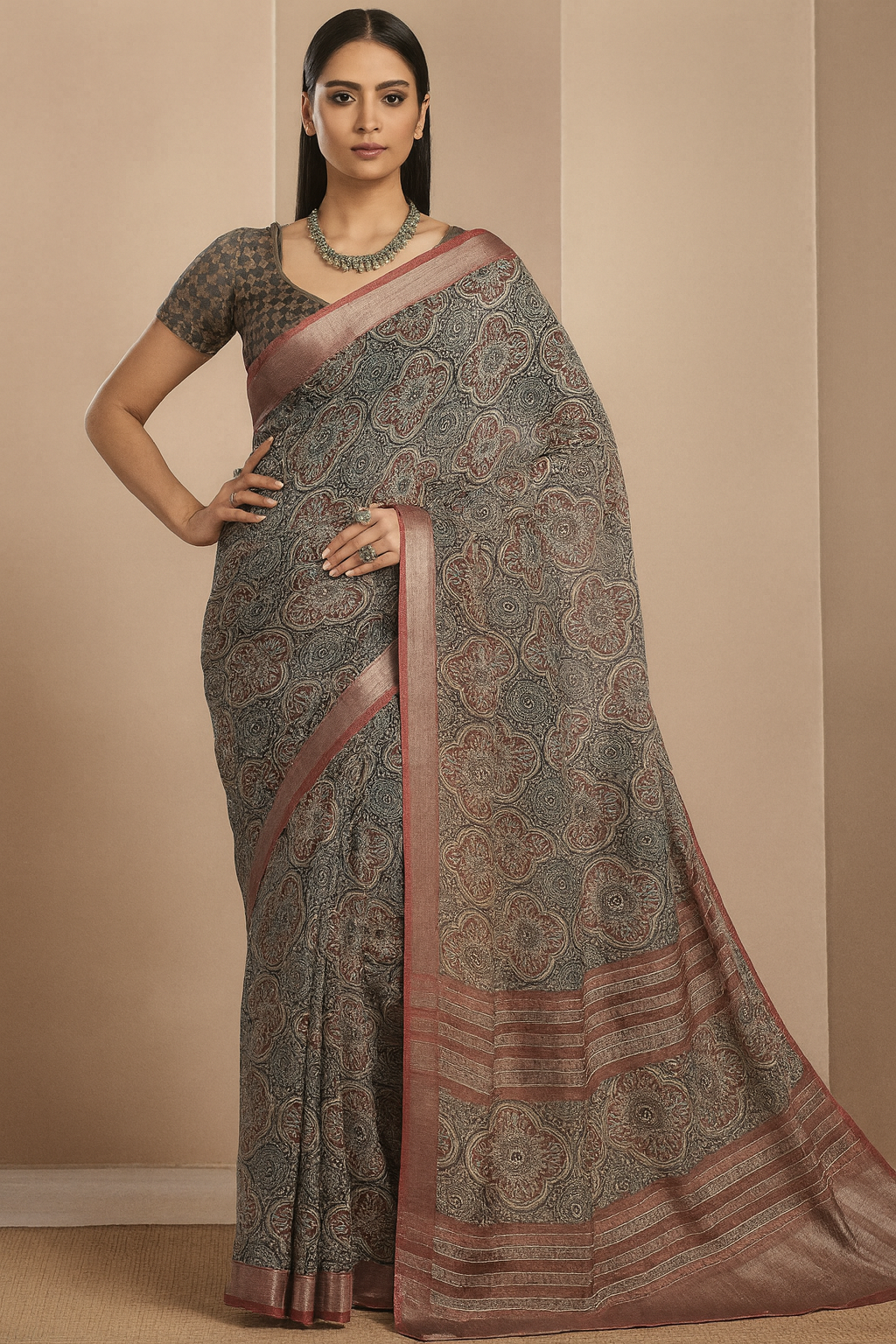 Contemporary Ajrak-Style Saree with Elegant Woven Border