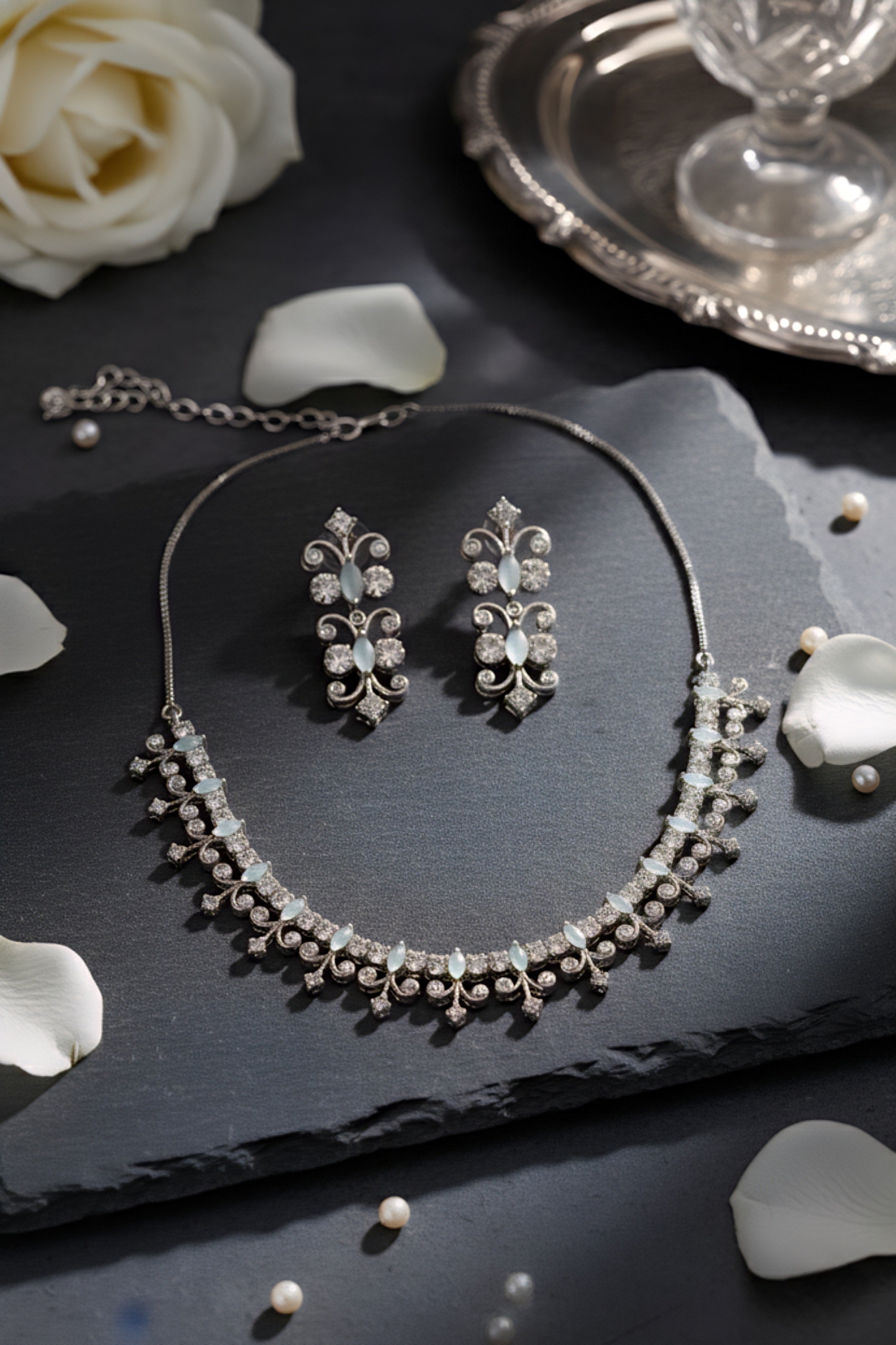 Sea Green American Diamond Necklace & Earrings Set for Women – Silver Brass CZ Jewellery