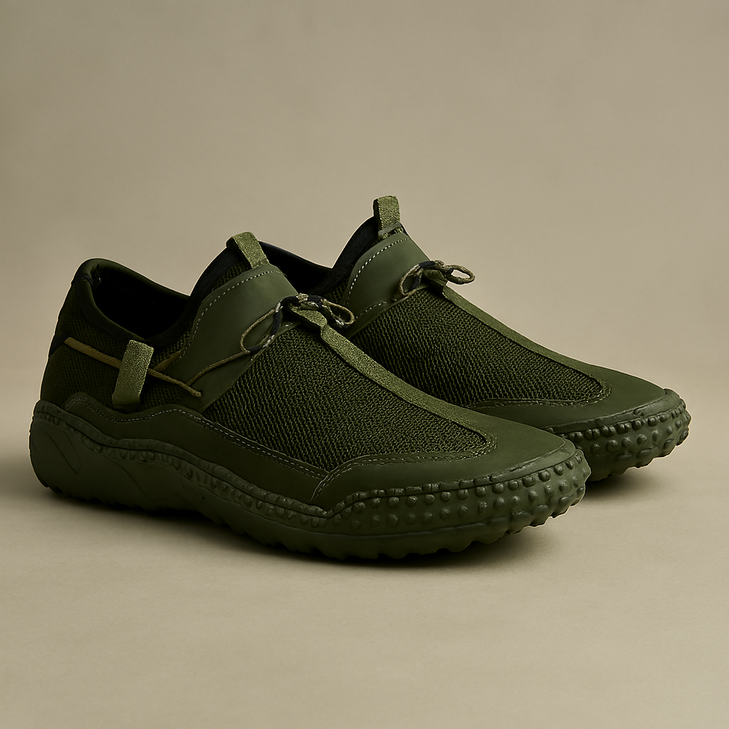 Men’s Olive Green Slip-On Sneakers with Mesh Detailing & Textured Sole