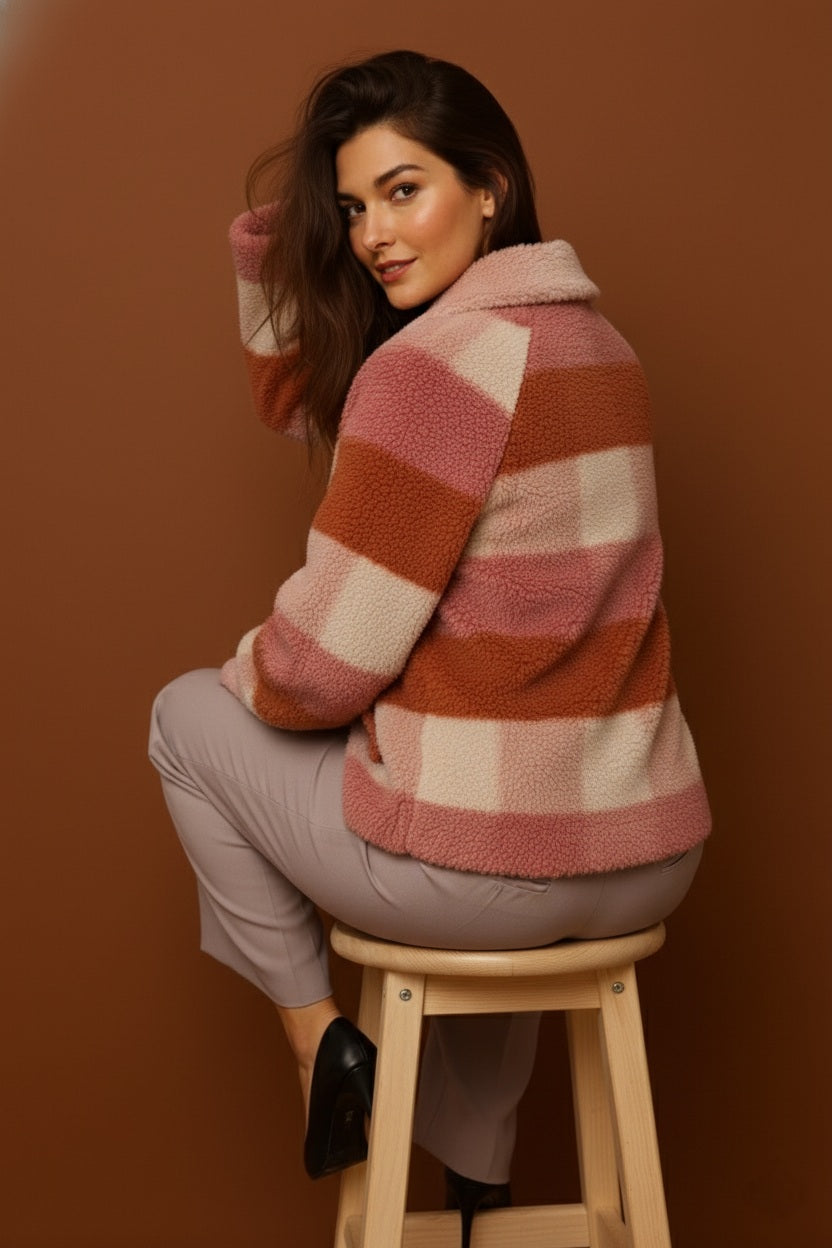 Cozy Check Textured Polyester Jacket with Spread Collar