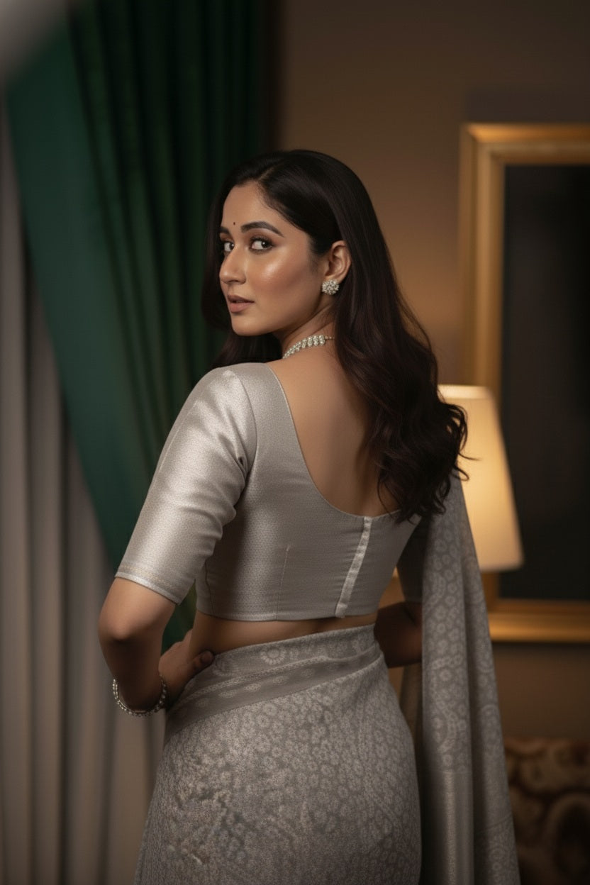 Premium Viscose Rayon Saree in Grey and White with Intricate Embroidered Border