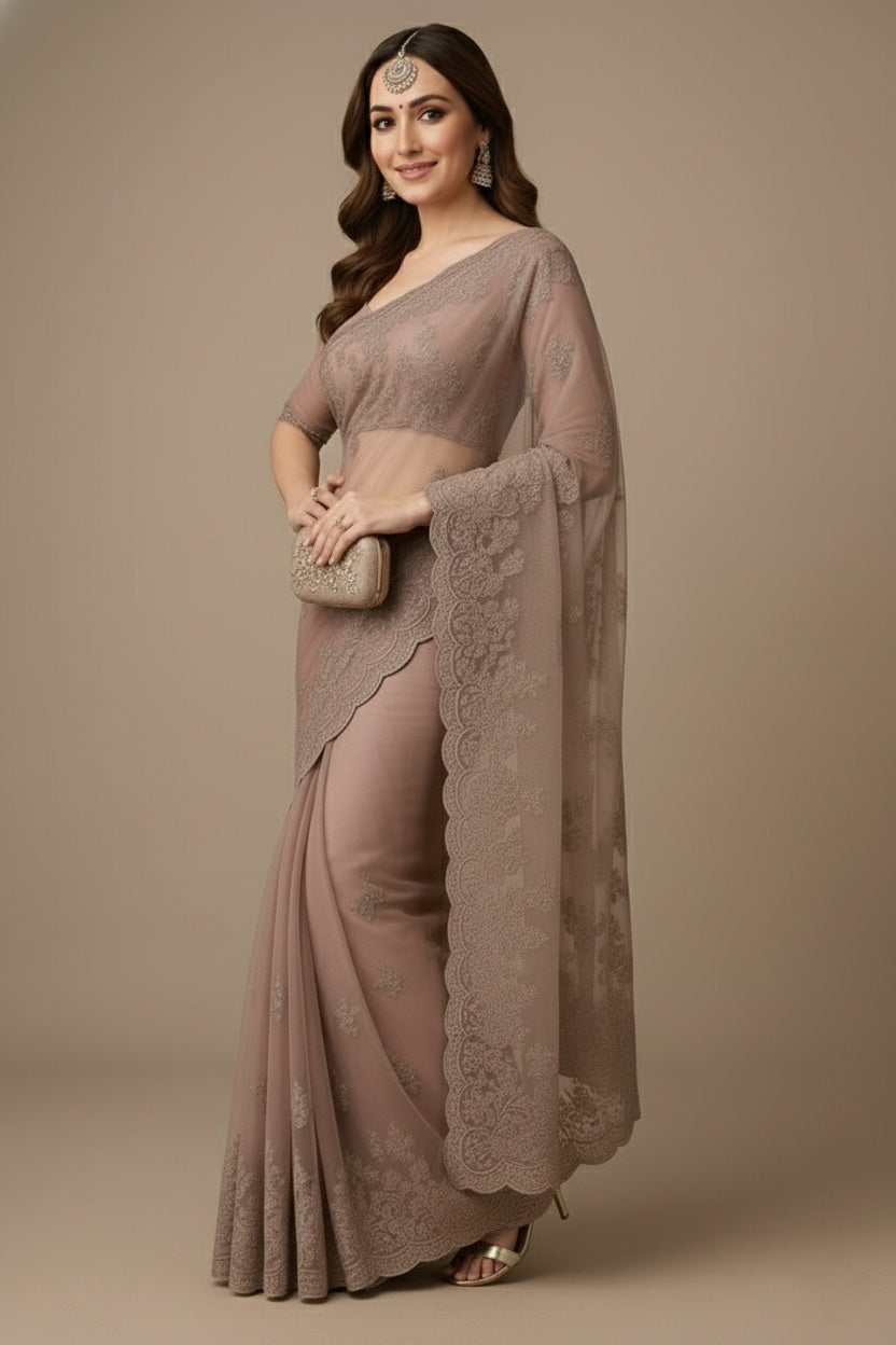 Premium Net Saree in Pink with Intricate Floral Embroidery
