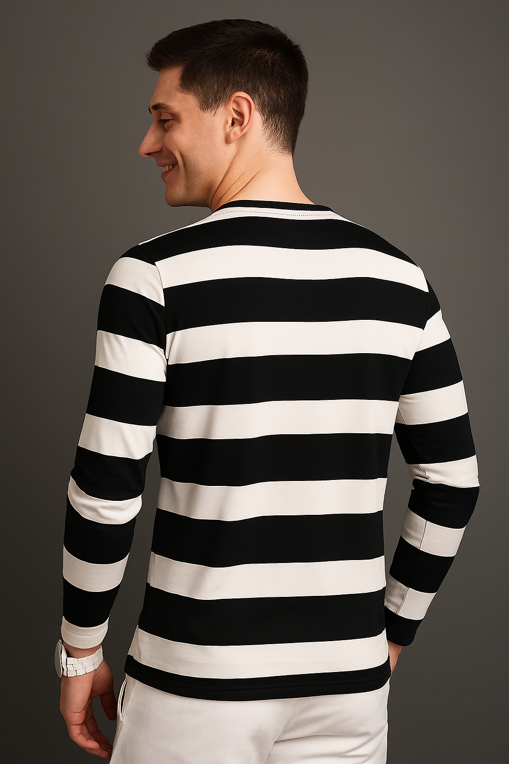 Men's Black & White Striped Full Sleeve Casual T-Shirt