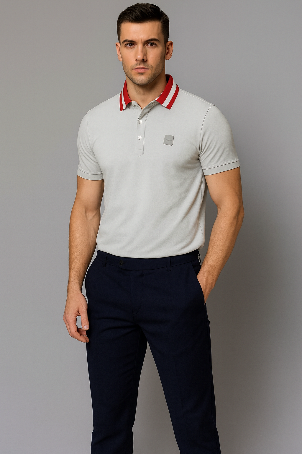 Men’s Grey Polo T-Shirt with Contrast Red Collar – Slim Fit Cotton Casual Wear