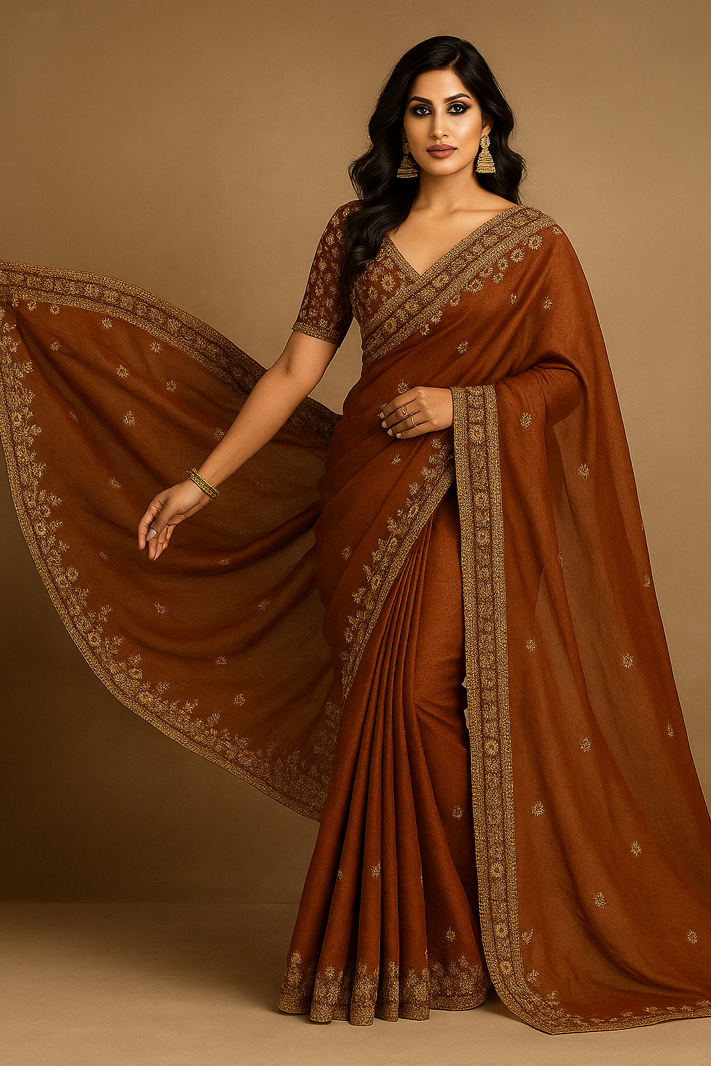 Designer Tissue Saree in Rich Brown & Gold – Celebrity Inspired Look