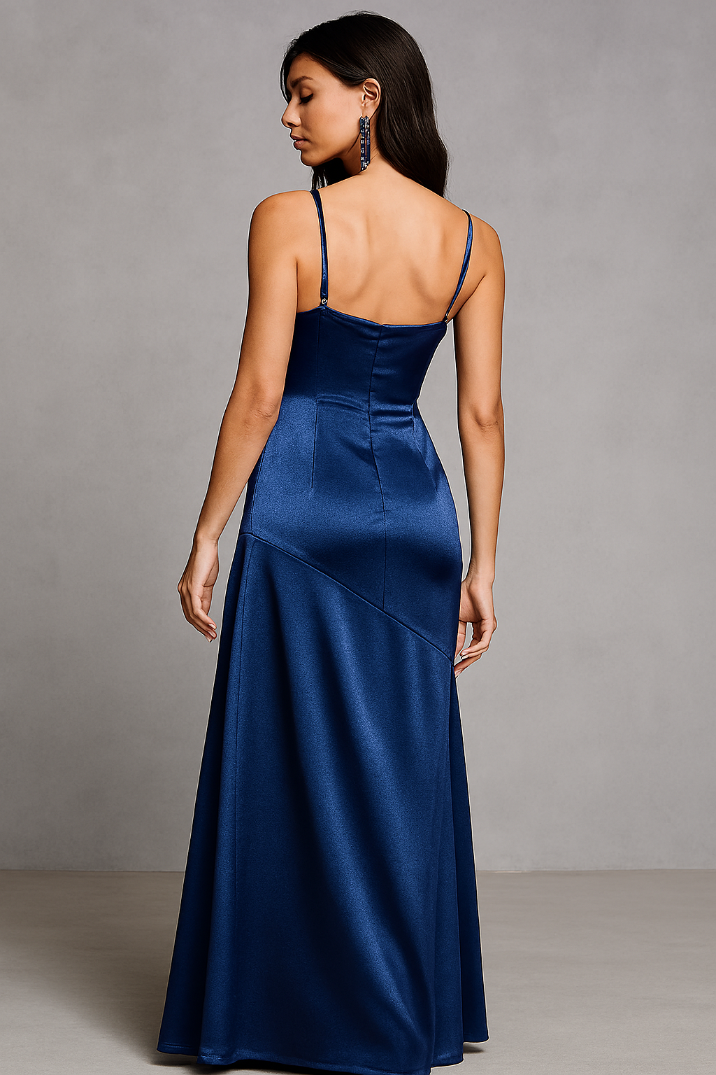Women’s Elegant Navy Blue Satin Maxi Dress with Cowl Neck