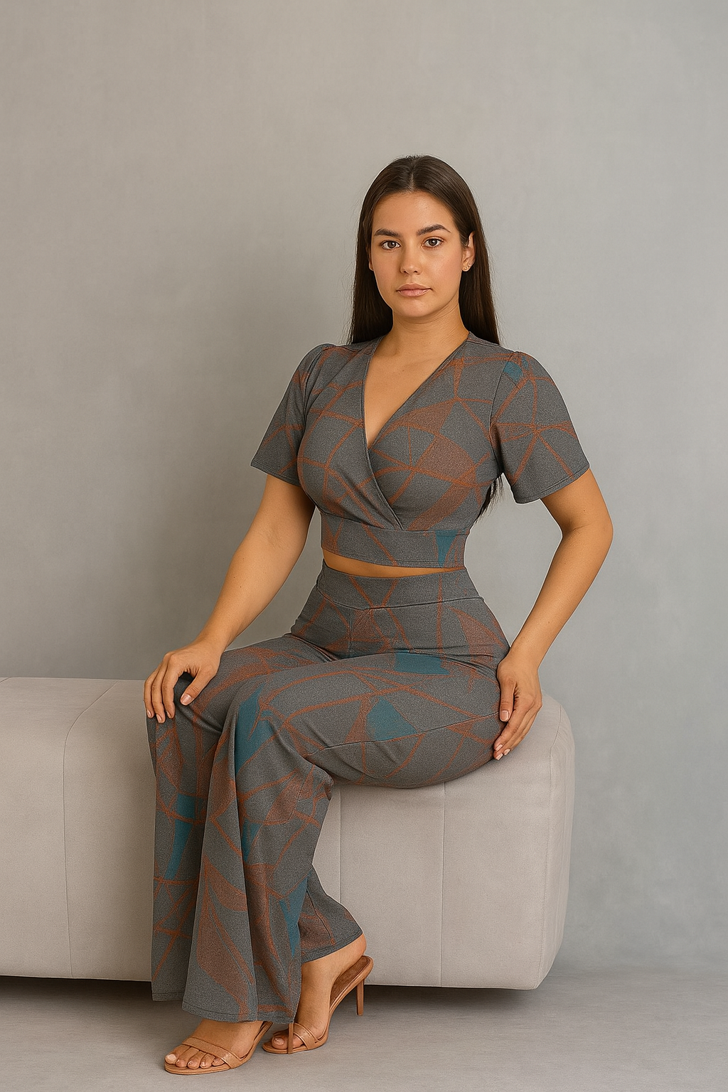 Chic Two-Piece Outfit - Modern Abstract Print Women’s Co-Ord Set | Crop Top & Flared Pants