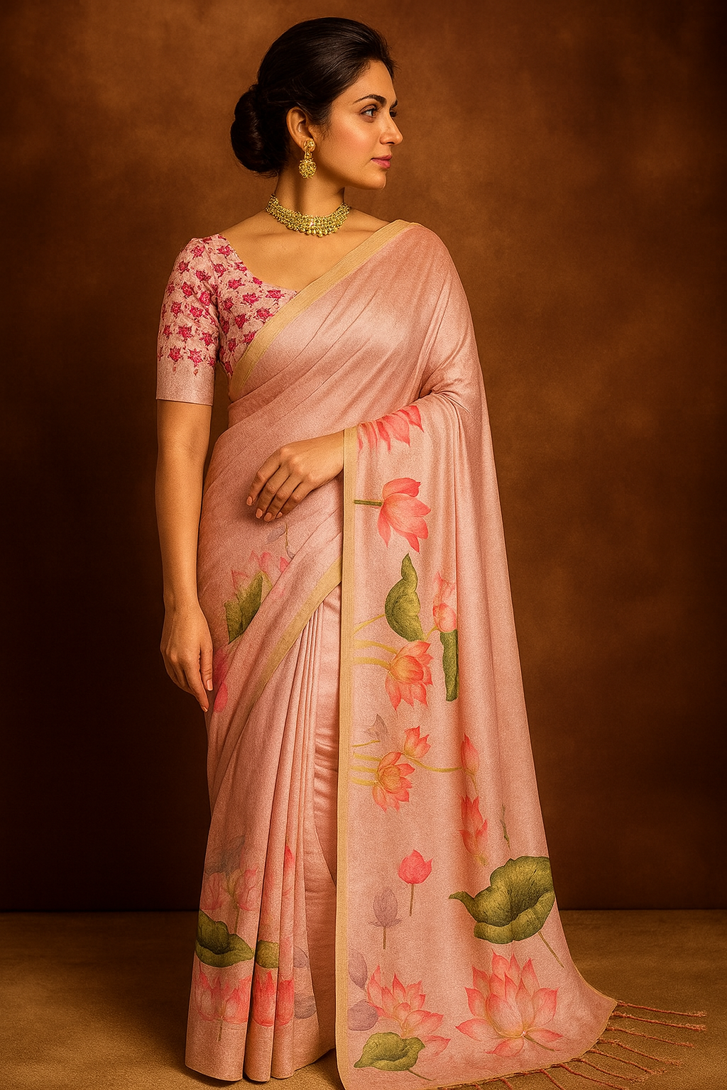 Pastel Pink Ikat Art Silk Saree with Floral Weave & Unstitched Blouse Fabric