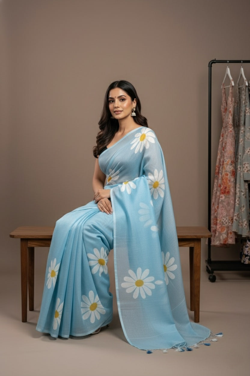 Ethereal Bloom Handloom Cotton Saree with Bangalori Silk Blouse