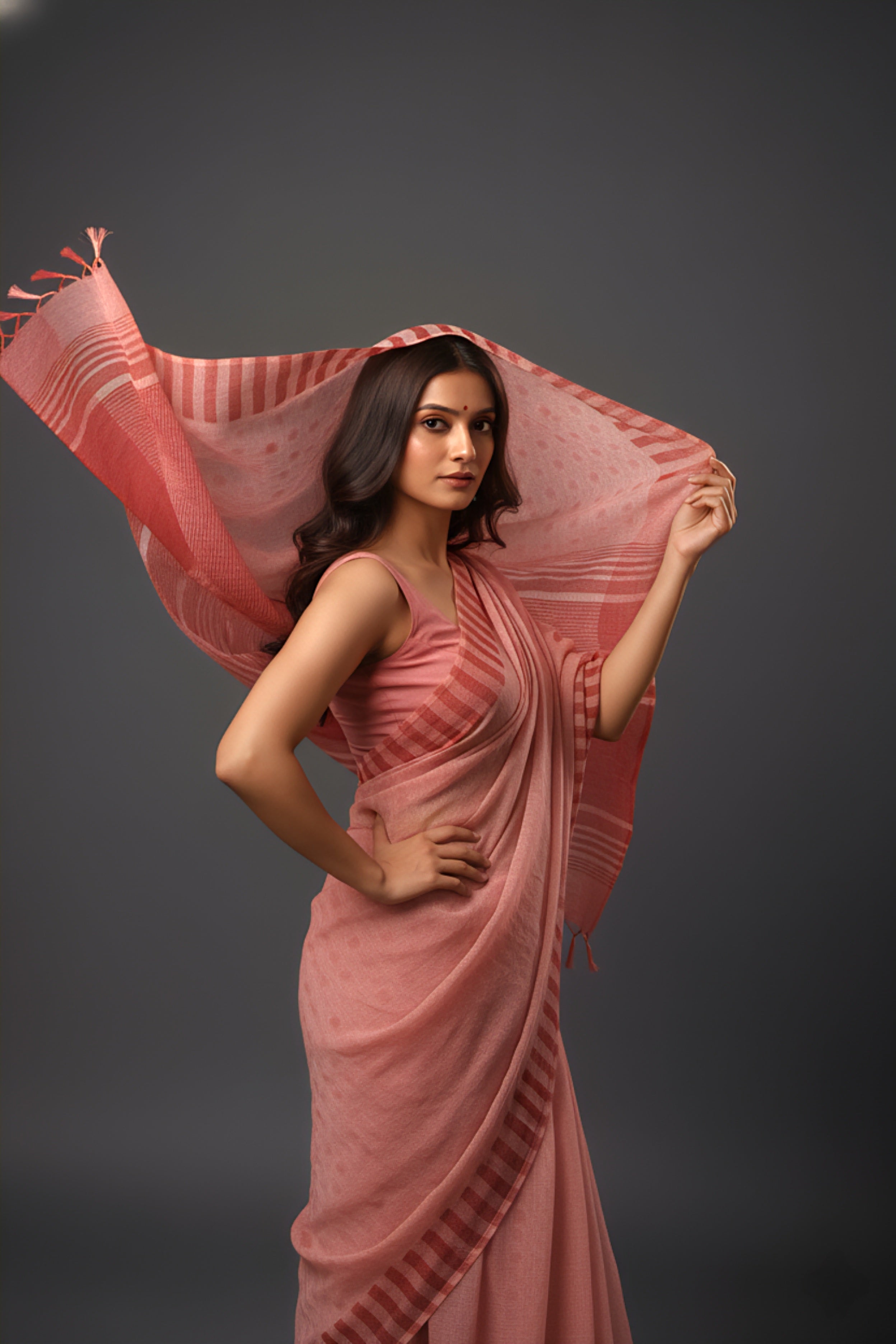 Graceful Red Brasso Saree with Floral Prints & Stylish Striped Edges