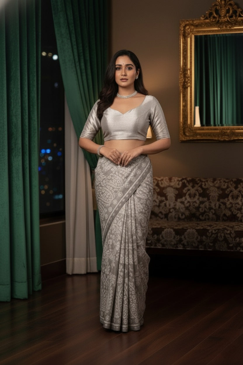 Premium Viscose Rayon Saree in Grey and White with Intricate Embroidered Border