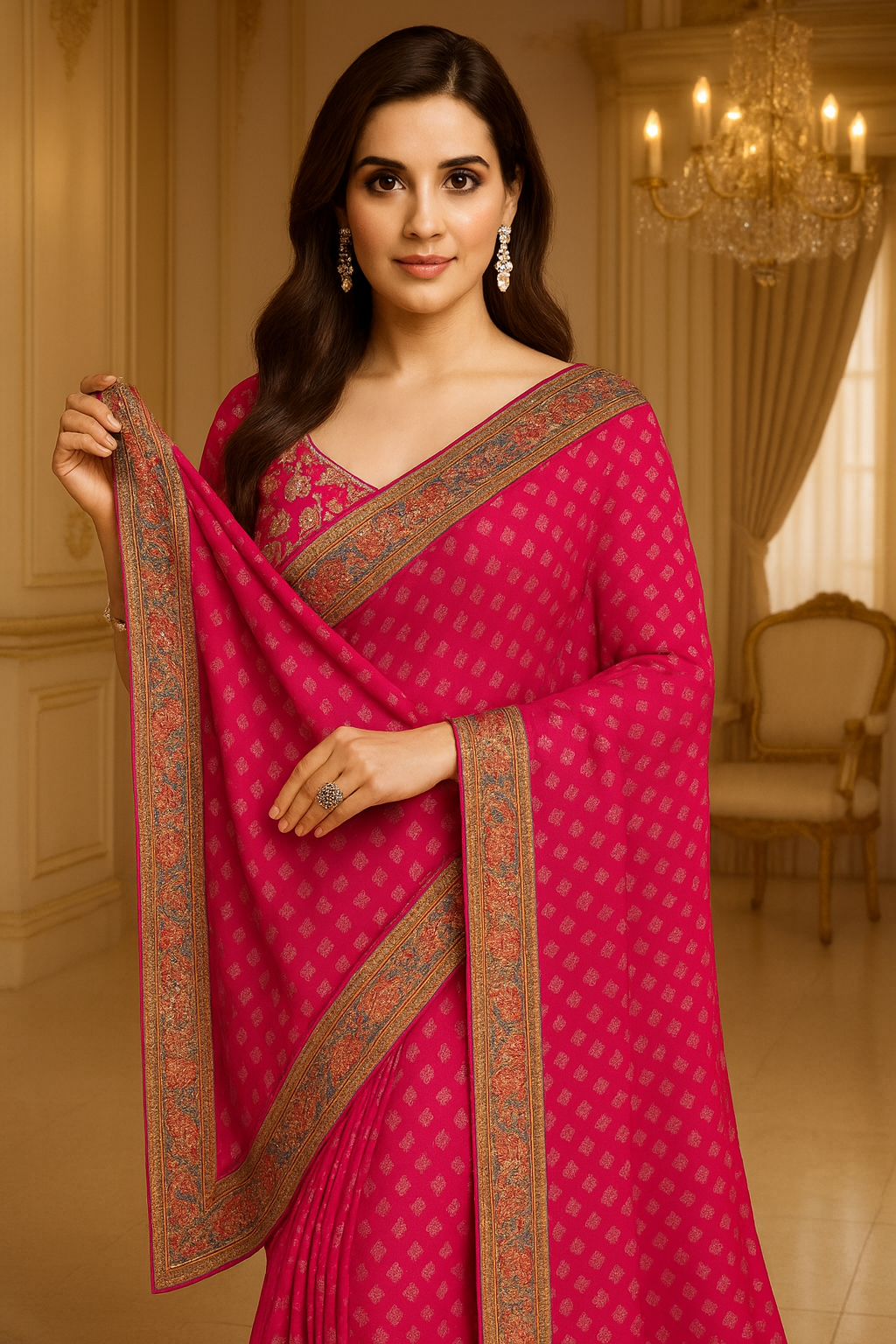 Pink Bandhani Poly Georgette Saree with Embroidered Sequin Border & Unstitched Blouse Piece