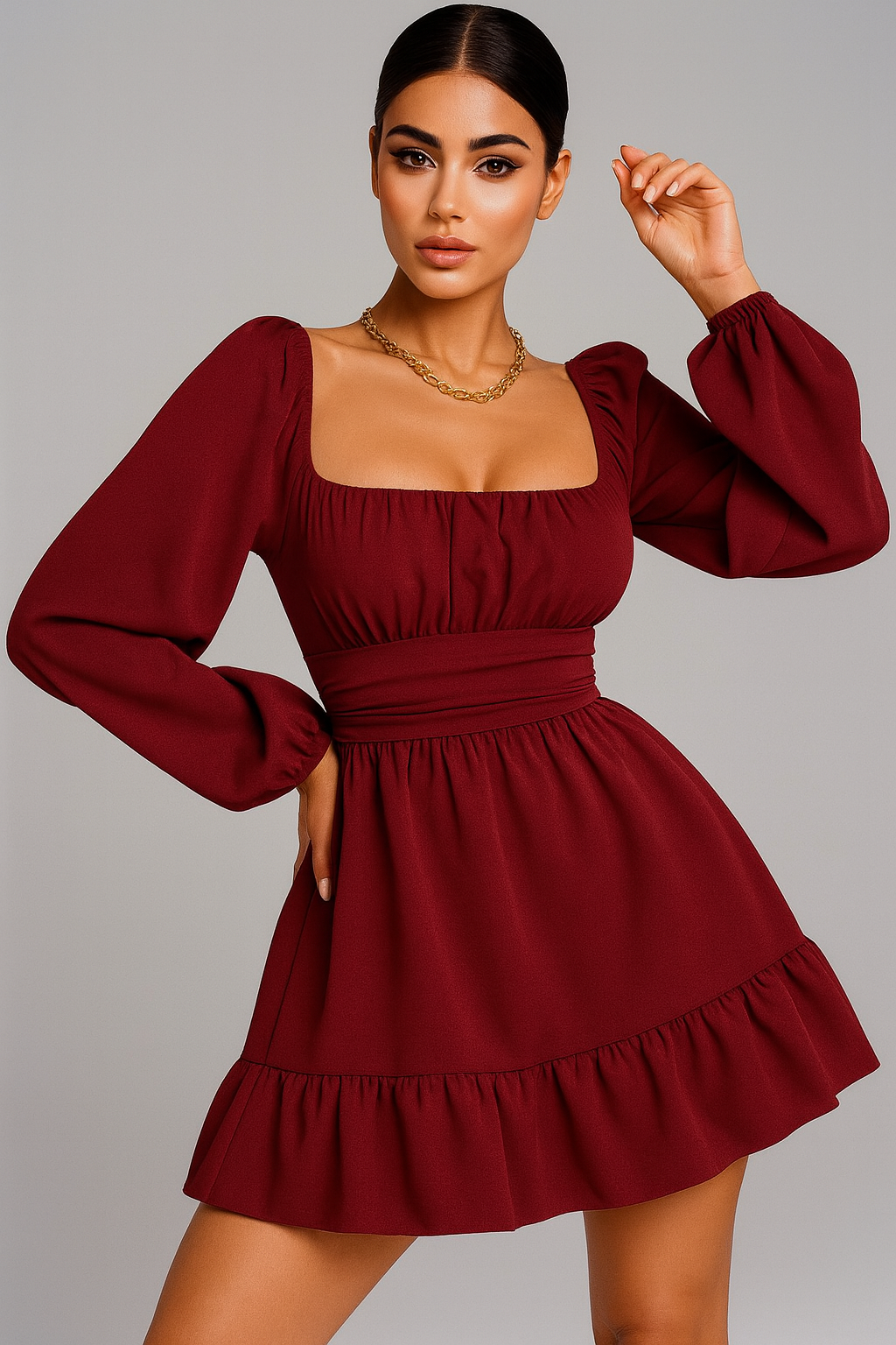 Wine Red Elegance Puff-Sleeve Dress