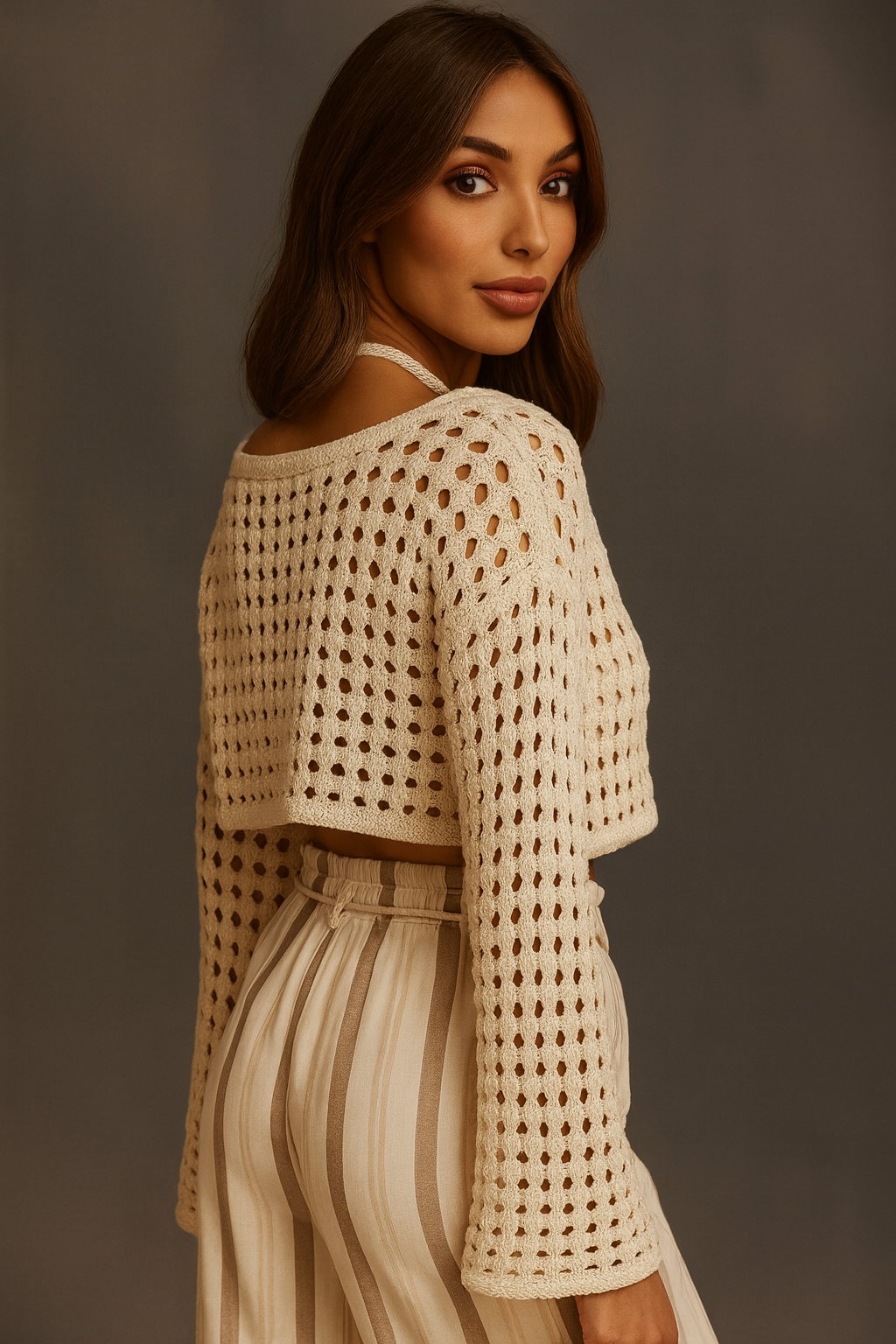 Beige Knitted Crochet Crop Top with Flared Sleeves