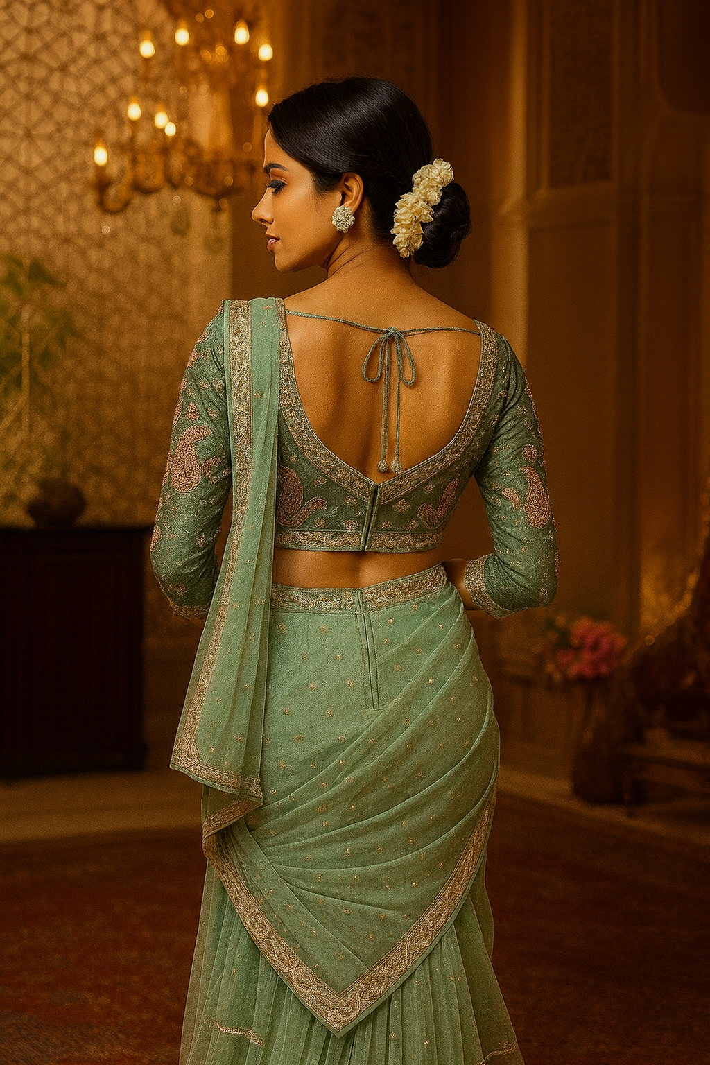 Pearl Embellished Net Saree with Embroidered Blouse Piece