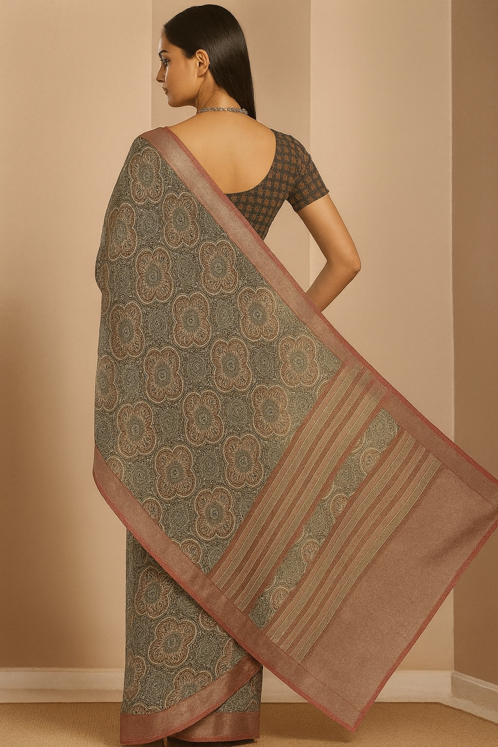 Contemporary Ajrak-Style Saree with Elegant Woven Border