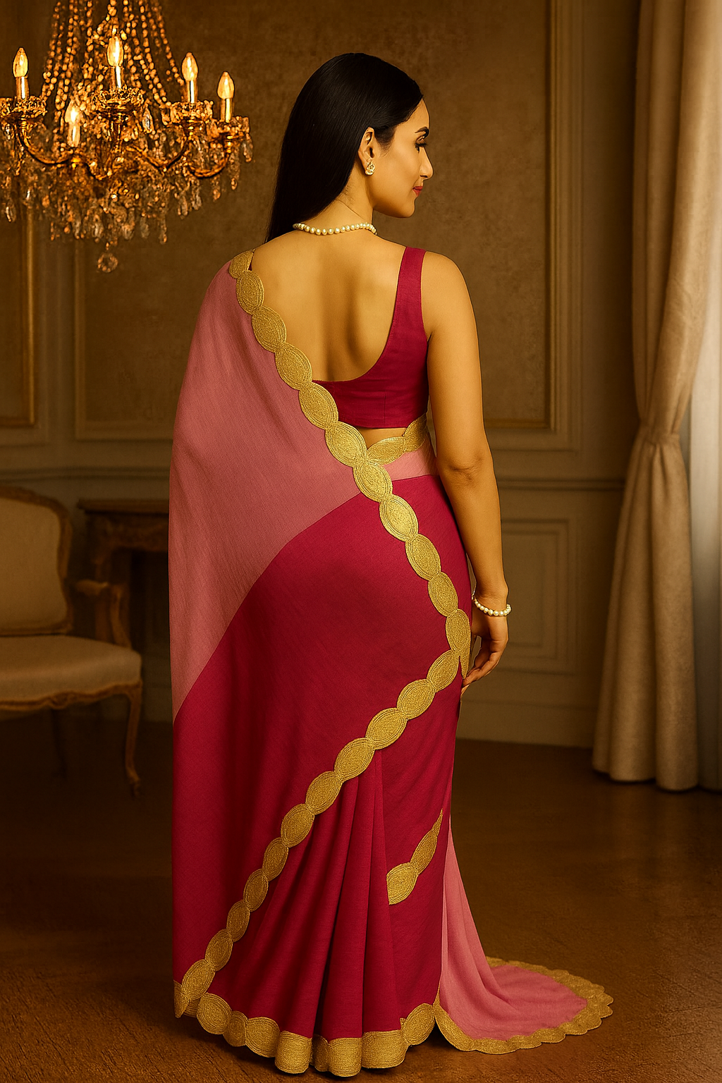 Pink & Rose Pure Chiffon Saree with Golden Embellished Border