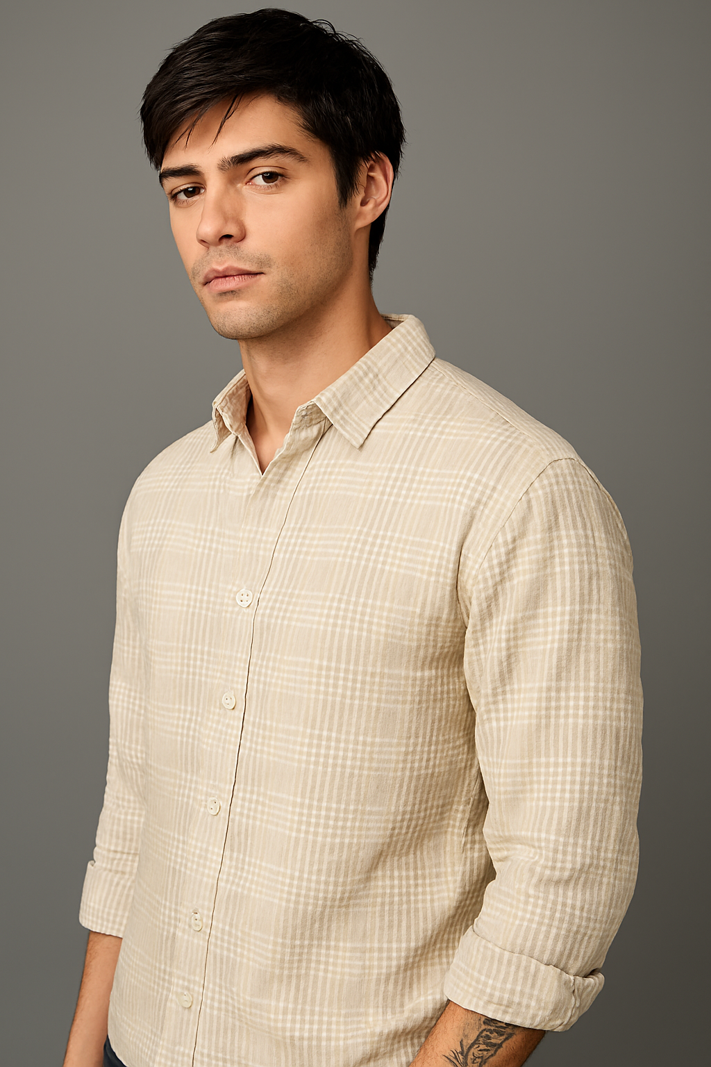 Men’s Casual Cotton Shirt – Boxy Fit, Seersucker Check Pattern