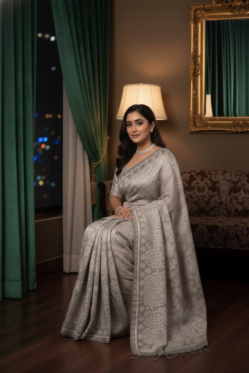 Premium Viscose Rayon Saree in Grey and White with Intricate Embroidered Border